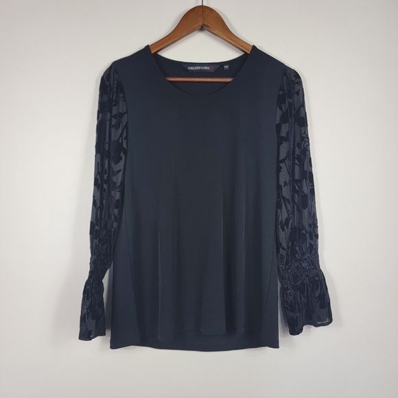 Colleen Lopez Small Black Blouse Velvet Embellished Flare Sleeves - Picture 1 of 6